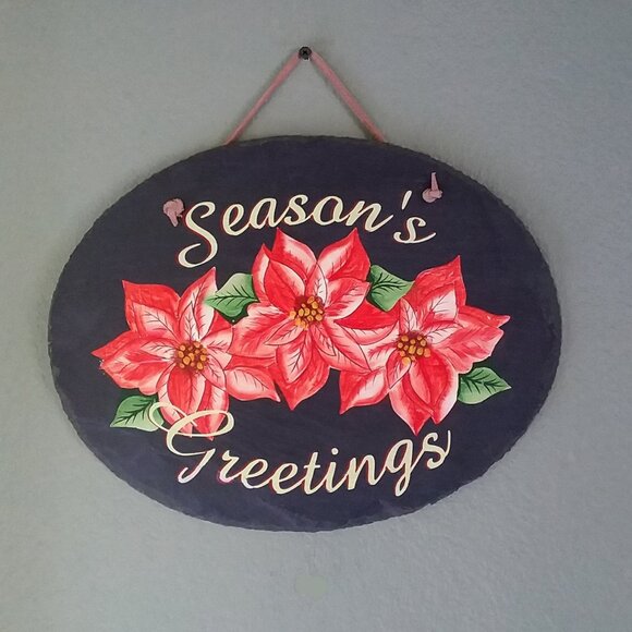 Christmas Painted Slate "Season's Greetings" Red Poinsettias 12 3/4" x 9 3/4" - Picture 1 of 10